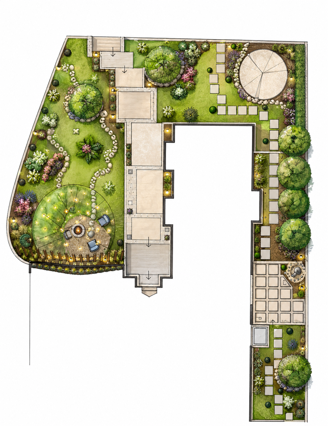 Landscape plan of a backyard garden with trees, shrubs, pathways, a fire pit with seating, a gazebo, and a patio area.