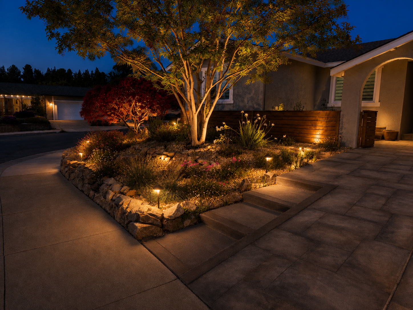 Illuminated front yard garden at night with a large tree, red shrub, and various flowers, surrounded by rocks and lit by small outdoor lights. A house with a porch and a driveway are visible in the background.