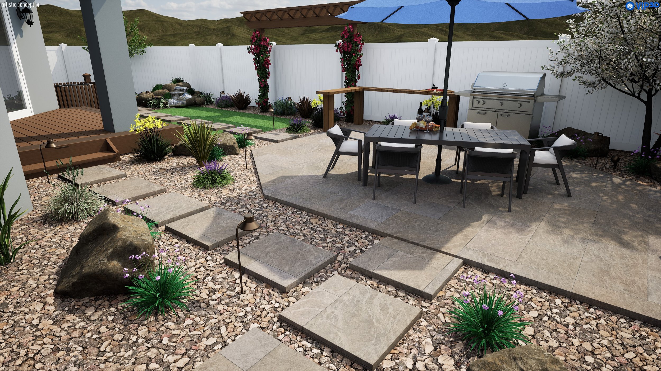 A backyard patio with a dining table, chairs, and an outdoor grill, surrounded by plants, flowers, and landscape features, enclosed by a white fence with hills in the background.