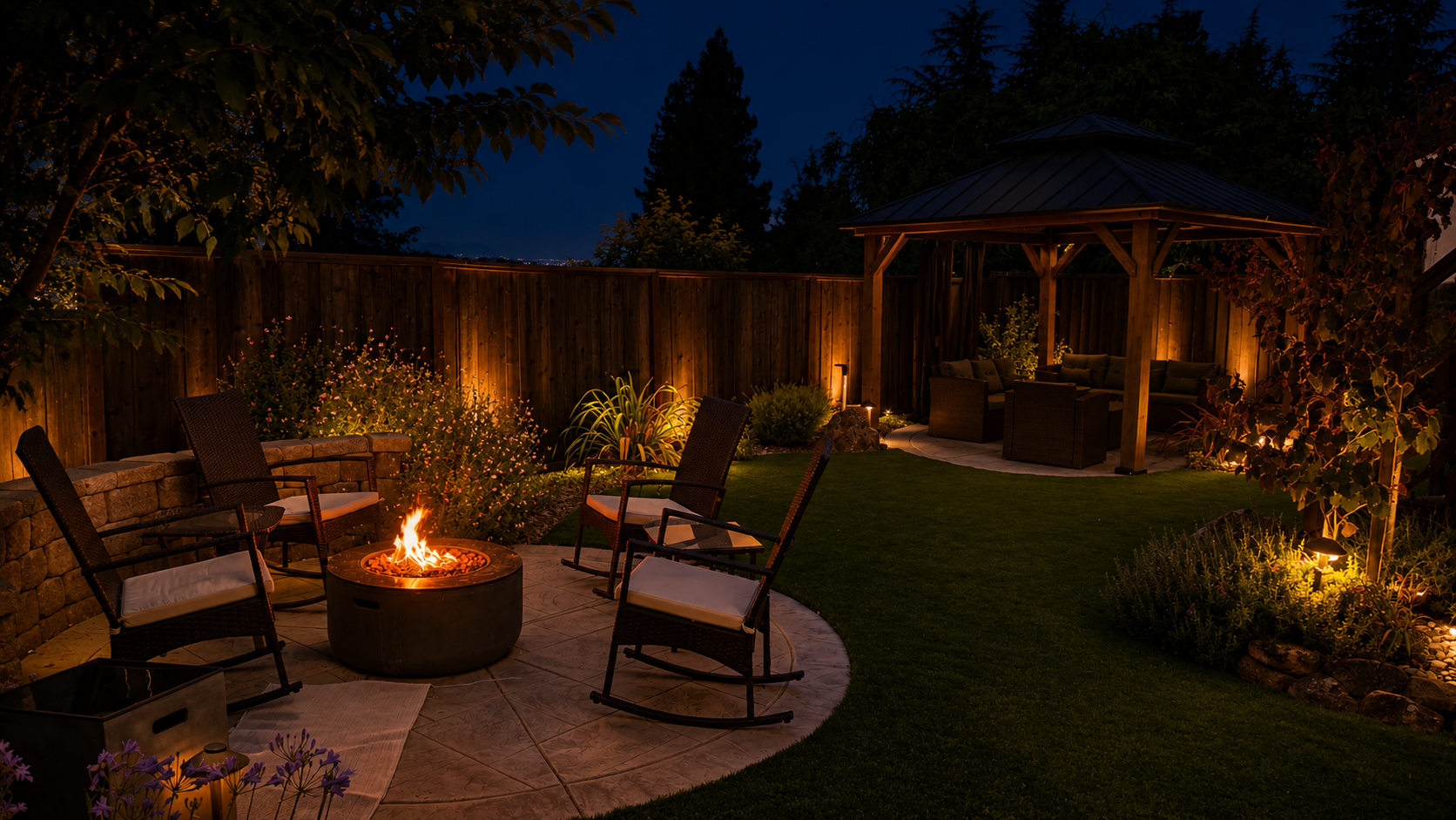 Backyard with a fire pit, outdoor chairs, a gazebo, and landscaped garden at night.