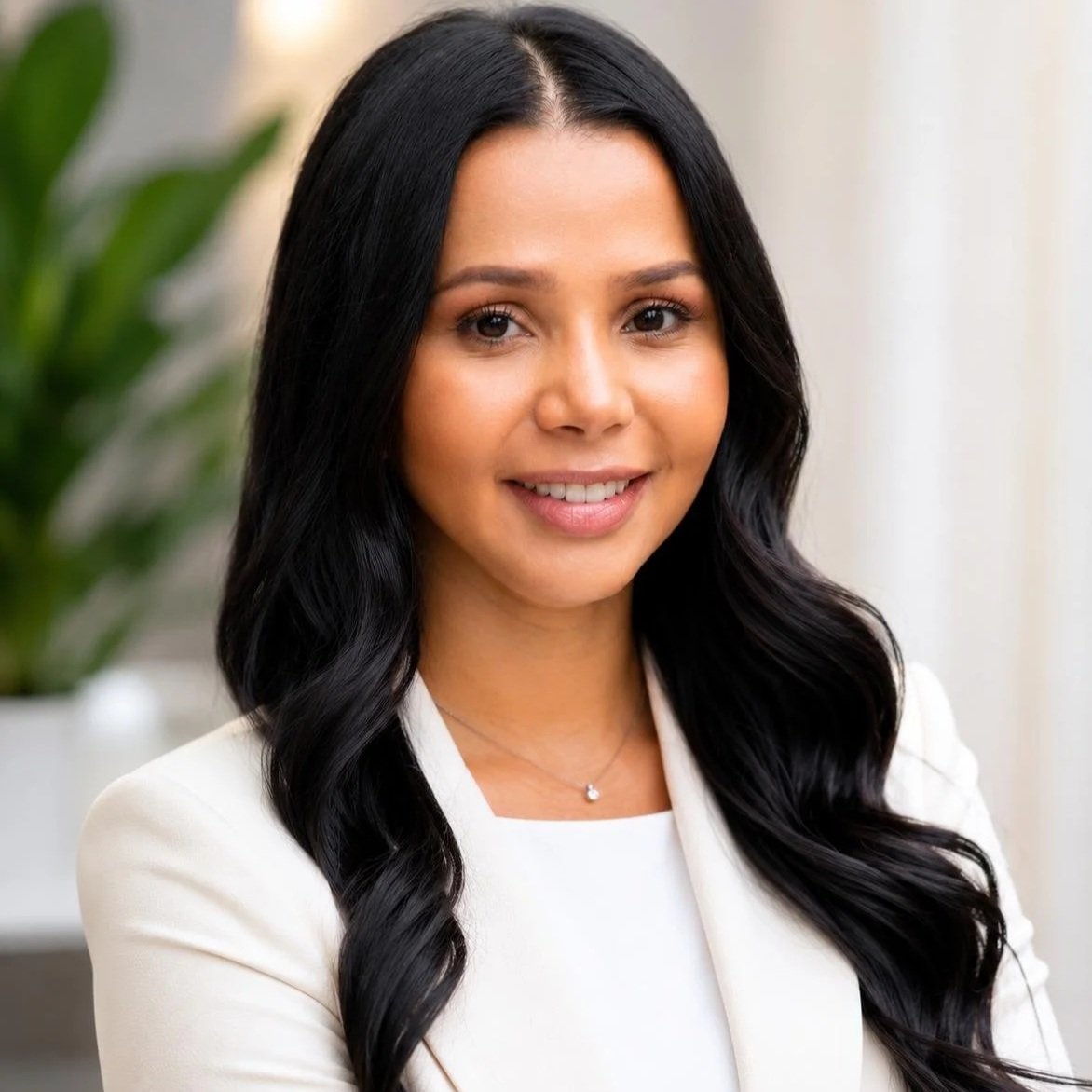 A young woman with long black wavy hair, wearing a white top or blazer, smiling, standing indoors with blurred background and greenery.