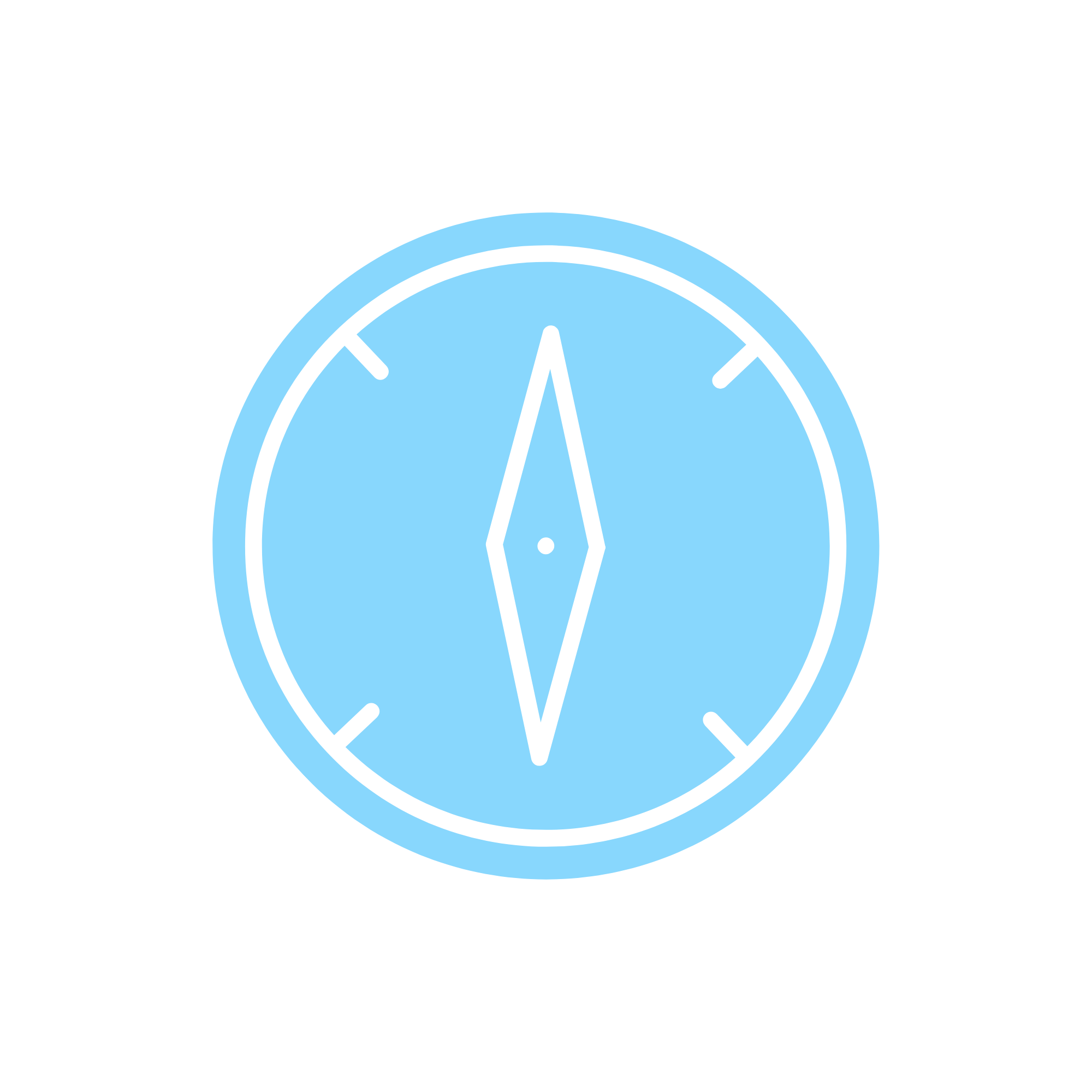 Light blue circular badge with black border and black arrow pointing down in the center.