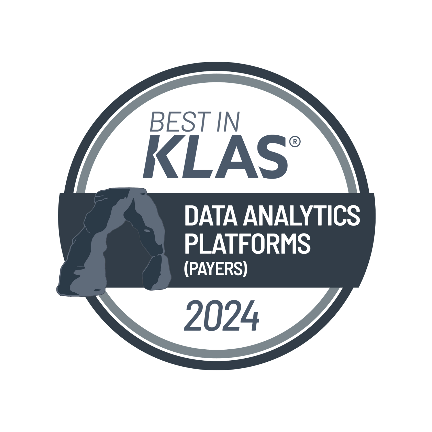 Badge with text 'Best in KLAS' and 'Data Analytics Platforms (Payers) 2024' featuring a mountain illustration.