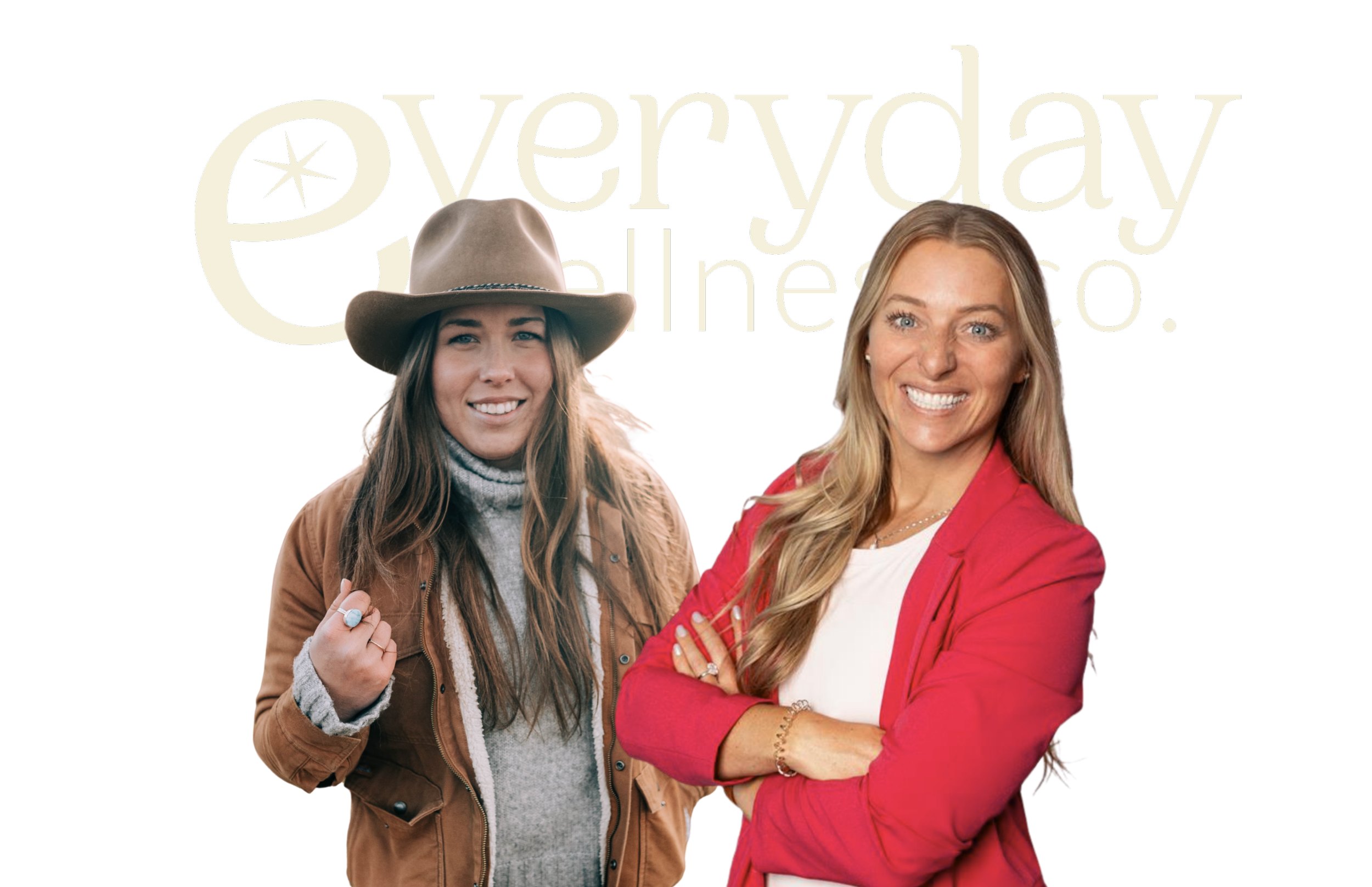 Two smiling women, one wearing a cowboy hat and the other in a red blazer, standing in front of a sign that says "everyday Chelseo."