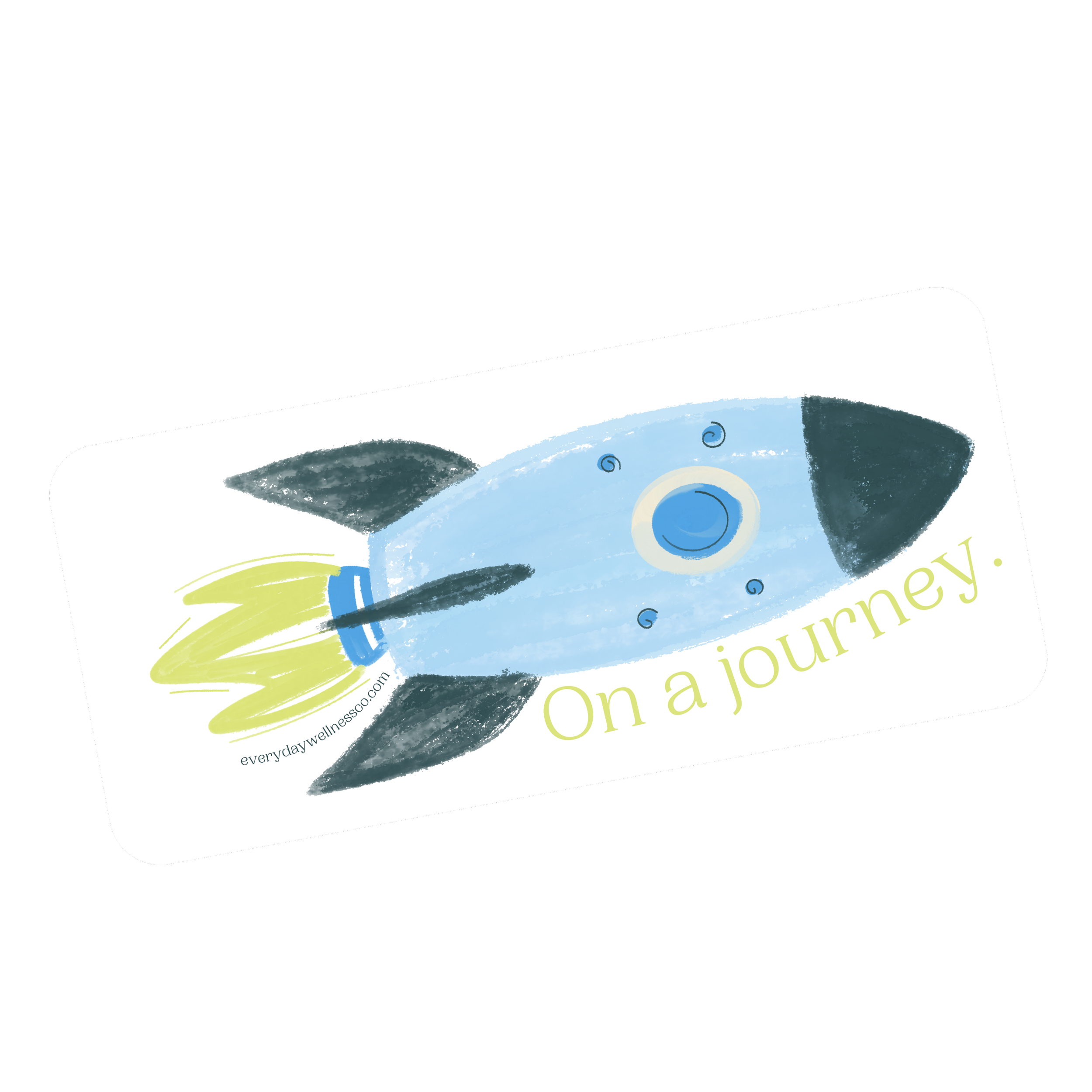 Close-up of a colorful booklet or flyer with a blue background, spiral decorative elements, and yellow text that reads 'on a journey.'