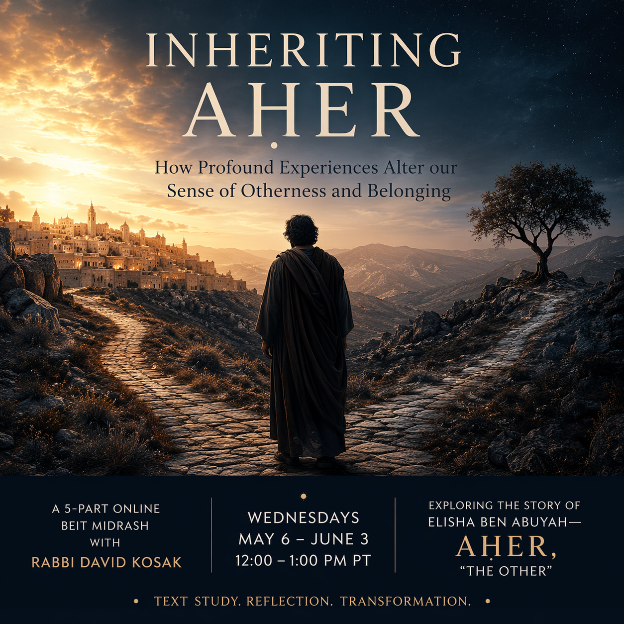Image of a person walking on a stone path through a landscape with mountains, a city in the distance, and a sunset sky, promoting an online Jewish study course about the story of Elisha Ben Abuyah.