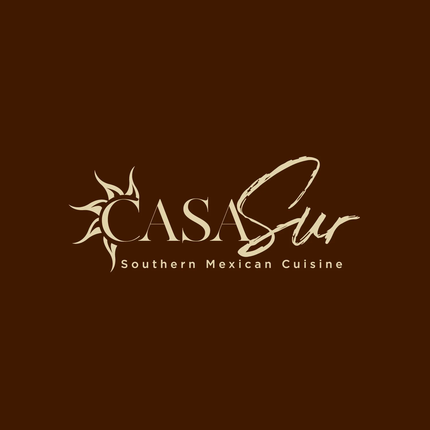 Casa Sur Southern Mexican Cuisine branding with sun symbol on warm terracotta background