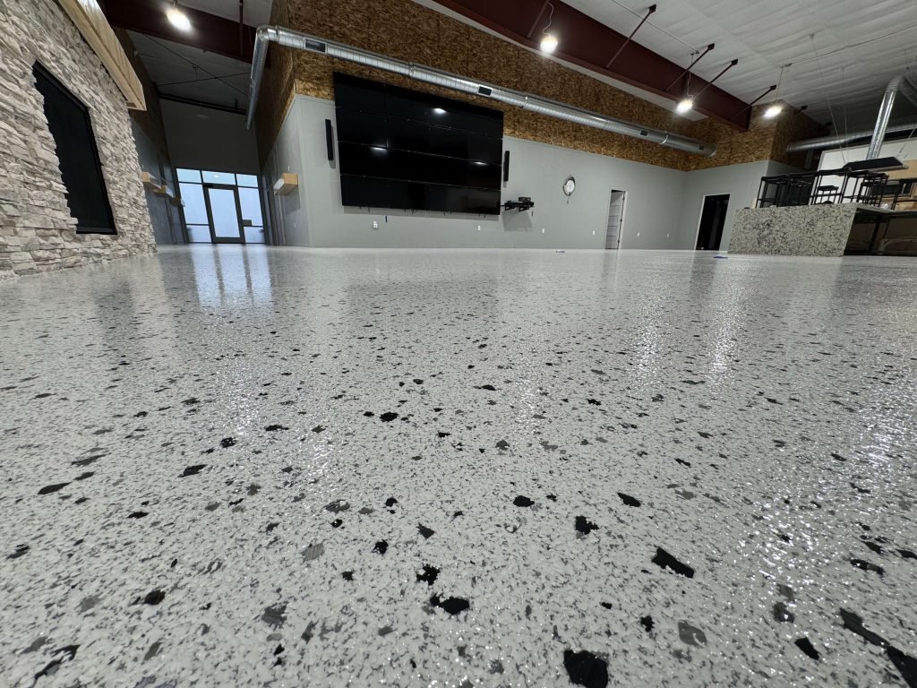 commercial space with flake flooring epoxy