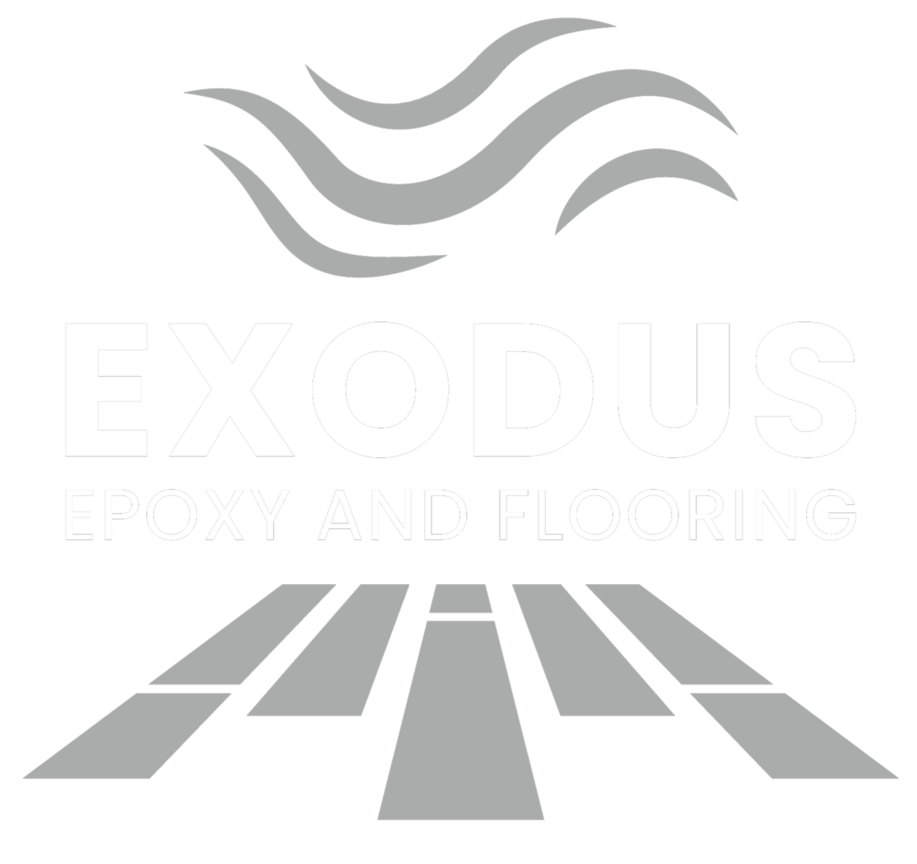 logo for Exodus Epoxy and Flooring featuring stylized wave and flooring design with white text.