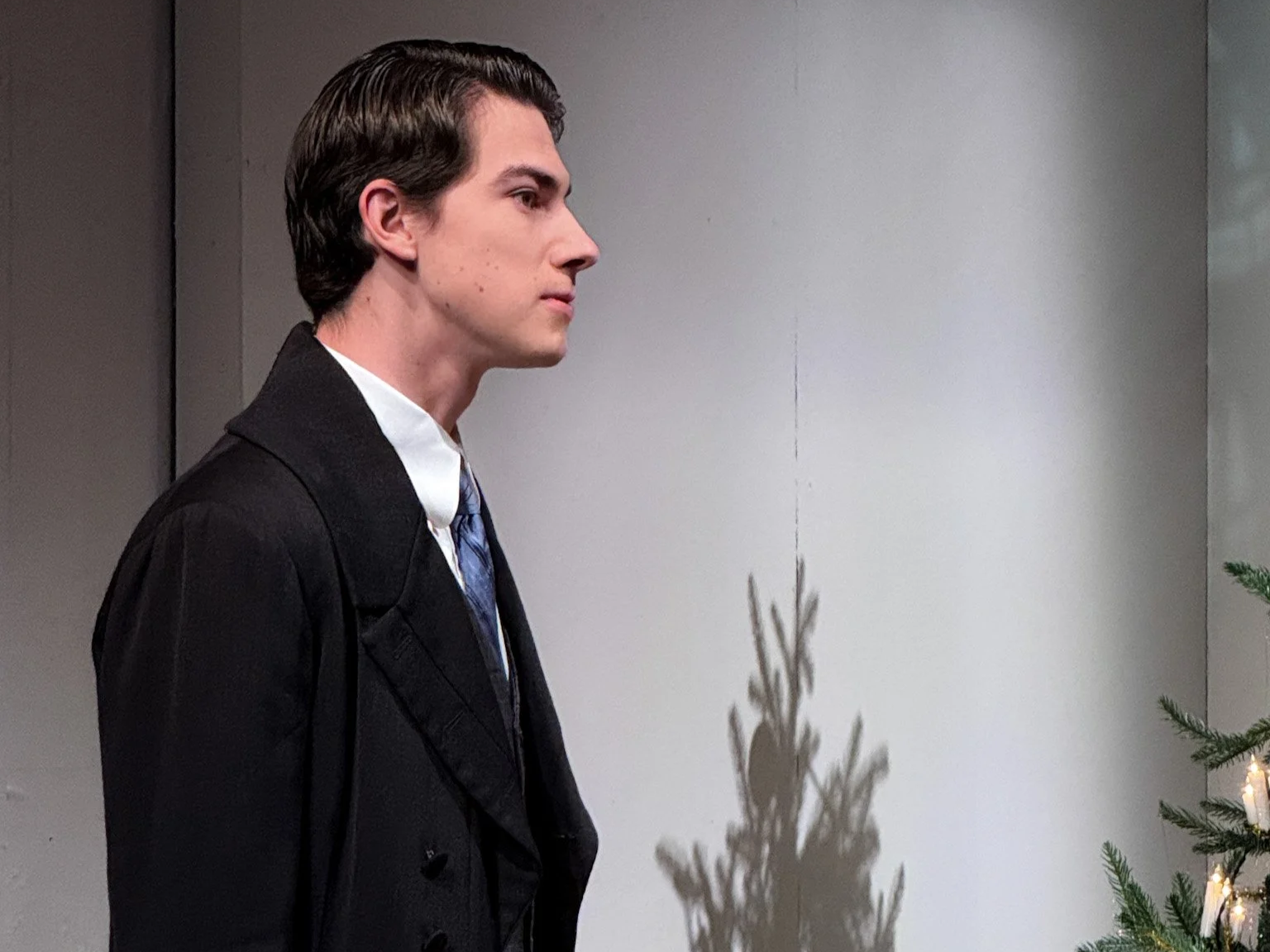 A young man in a suit and tie standing in profile against a gray wall, with Christmas tree branches casting shadows on the wall.