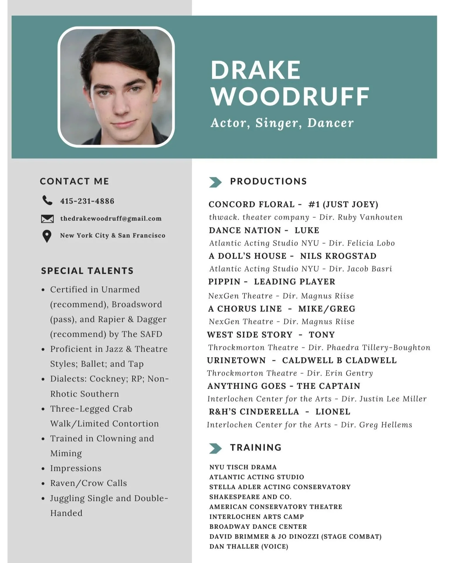 A section of a biography and resume for Drake Woodruff, displaying his photo, name, and list of roles including actor, singer, and dancer, along with contact information and details of his performances and training.