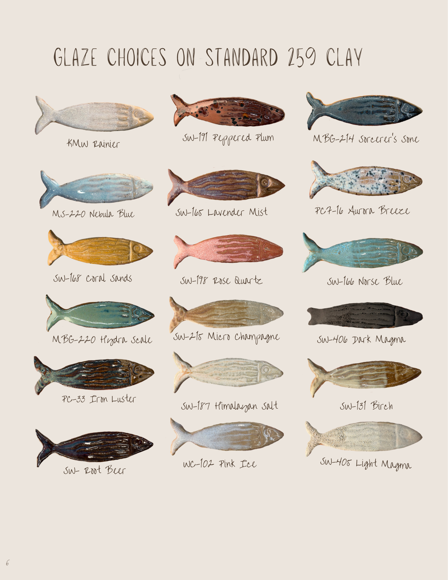 Display of glazed ceramic fish figurines arranged in rows, each labeled with a name and style, including options like Rainier, Plummaged Plum, Sorcerer's Sone, Nebula Blue, Lavender Mist, Aurora Breeze, Coral Sands, Rose Quartz, Norse Blue, Hydra Scale, Micro Champagne, Dark Magma, Root Beer, Pink Ice, and Light Magma.