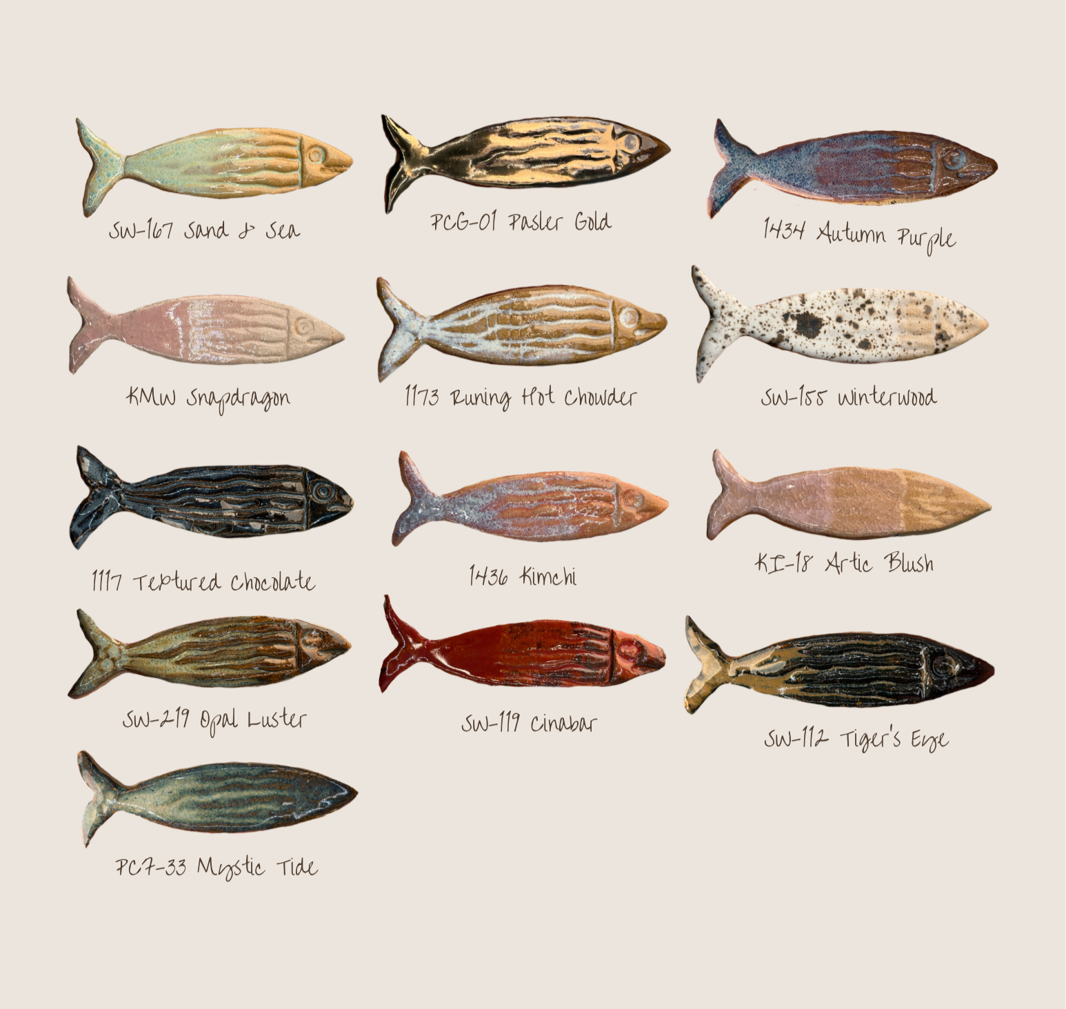 Collection of decorative fish figurines with handwritten labels and codes, arranged in three rows, featuring various colors and patterns.
