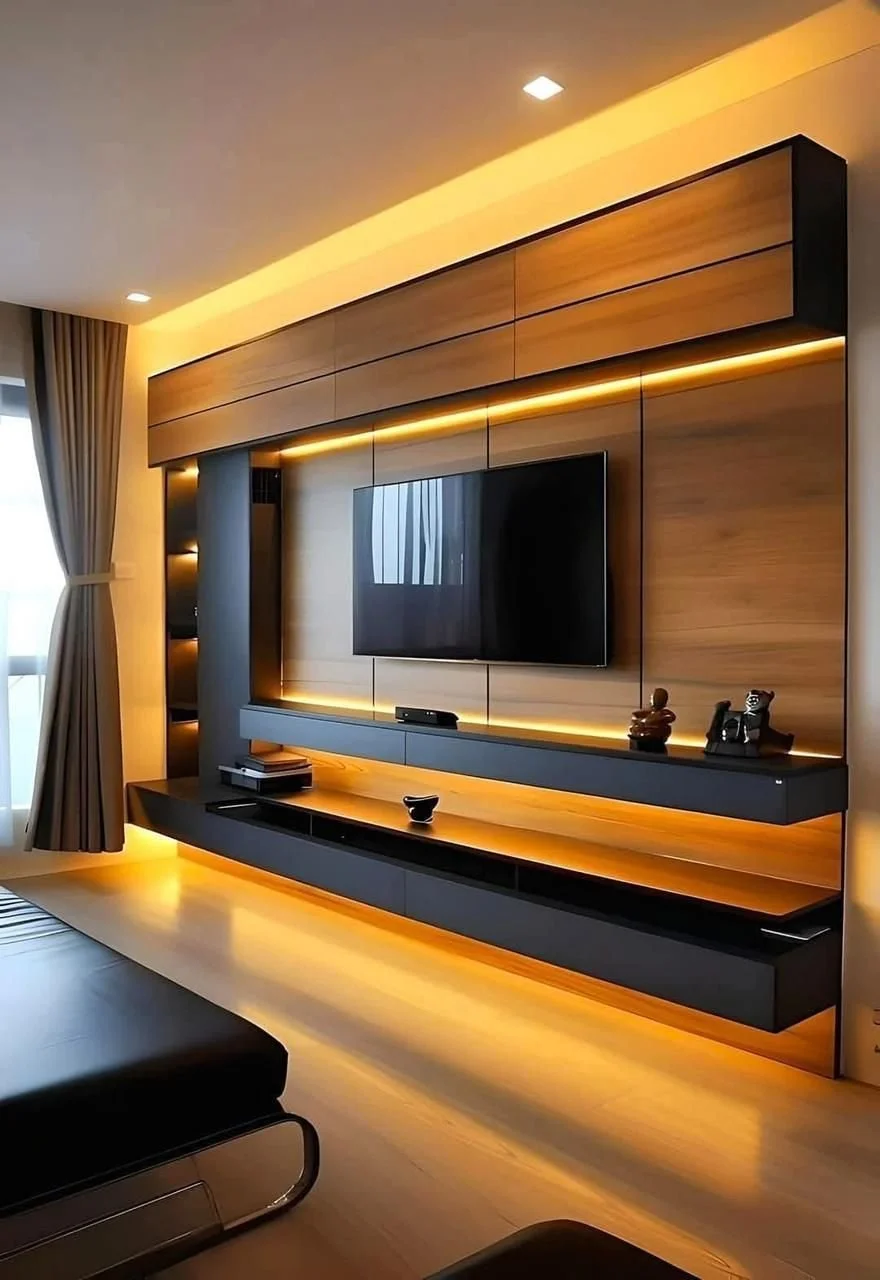 Modern living room with a wall-mounted television, wooden paneling, built-in shelves, and warm ambient lighting, with a window with curtains on the left.