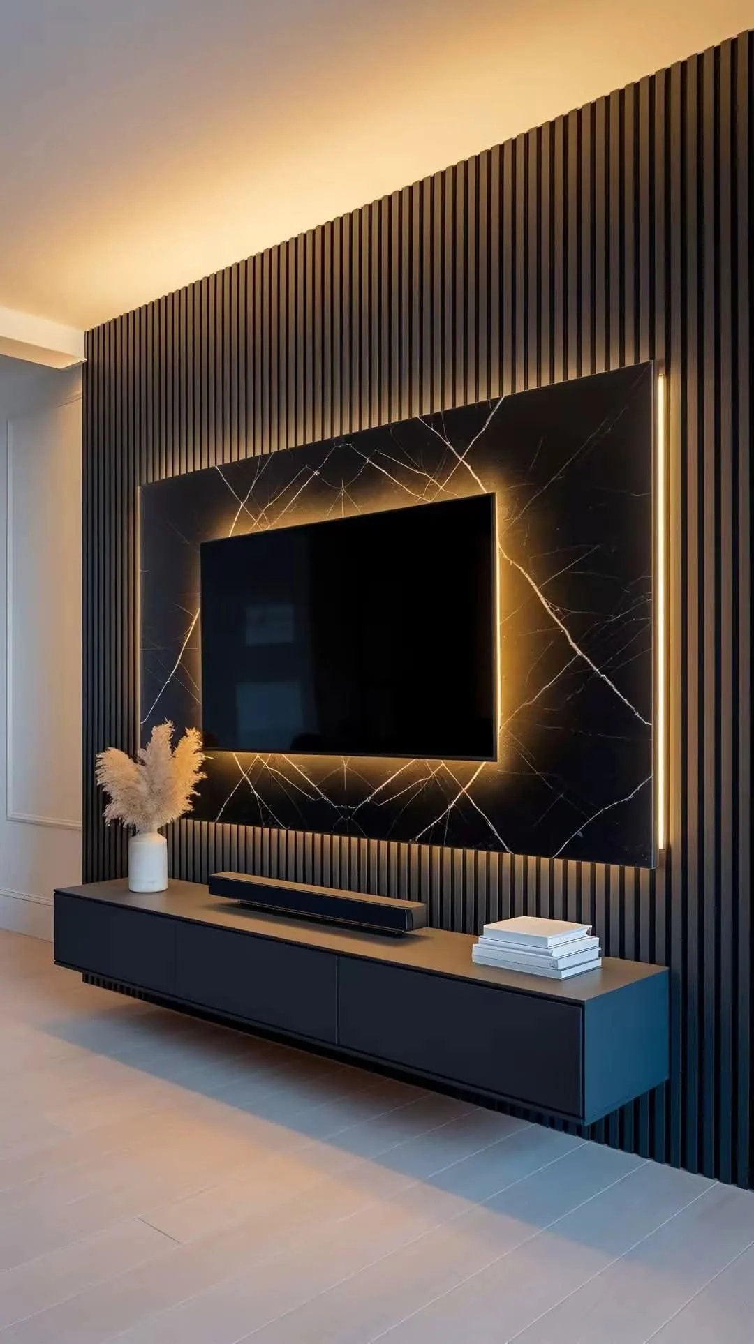 Modern living room with a black marbled TV wall, a mounted flat-screen TV, and a black floating TV console with a soundbar, a white vase with pampas grass, and a stack of white books.