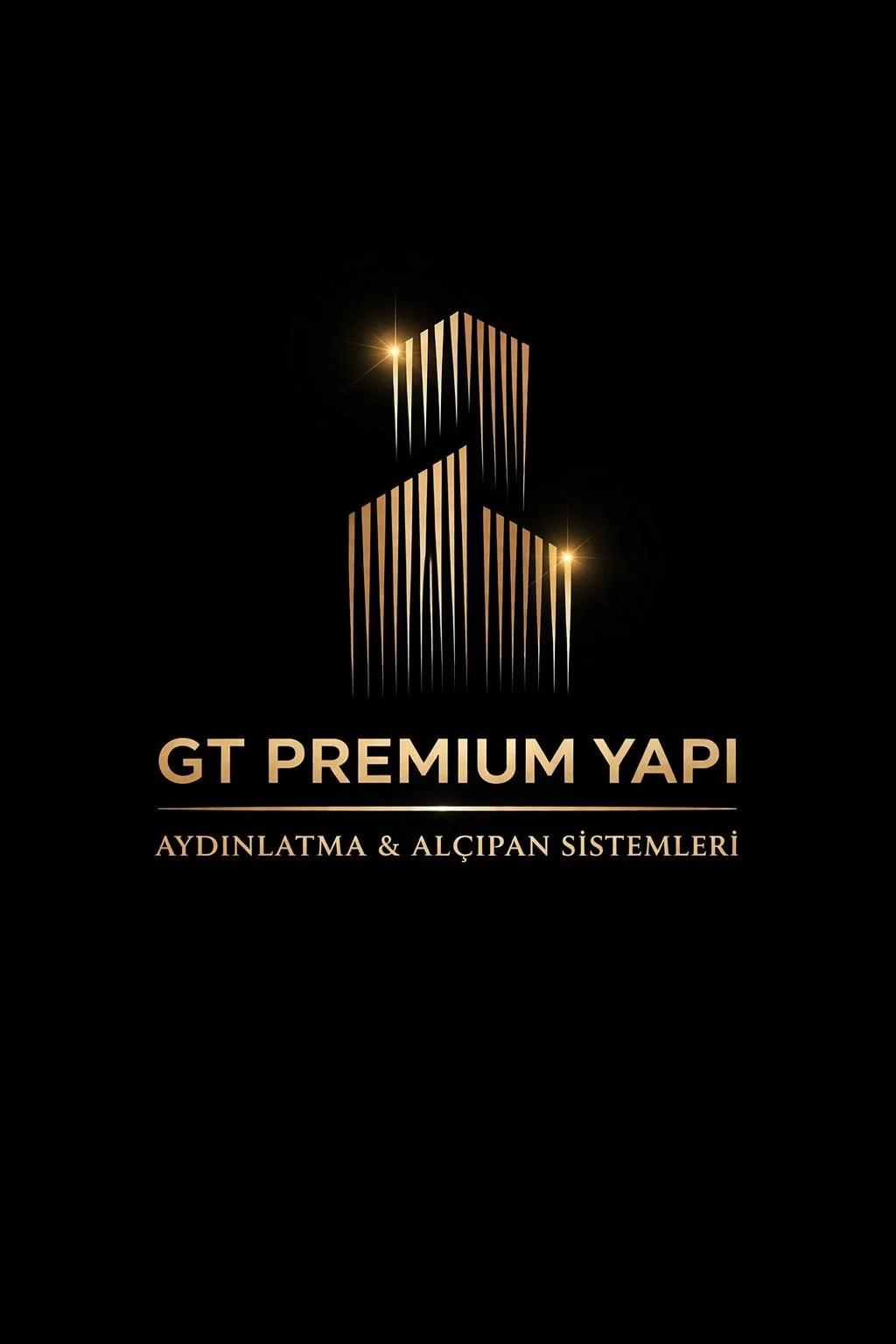 A black background featuring a gold and silver geometric logo resembling a stylized building or structures. Below the logo, there is text that reads "GT PREMIUM YAPI" and "AYDINLATMA & ALÇİPAN SİSTEMLERİ" in gold, indicating a company specializing in lighting and suspended systems.