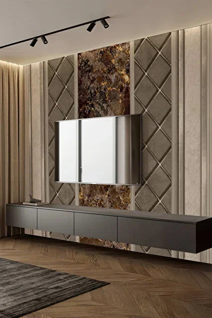 Modern interior wall with geometric pattern, marble accents, and a mounted mirror above a sleek floating cabinet.