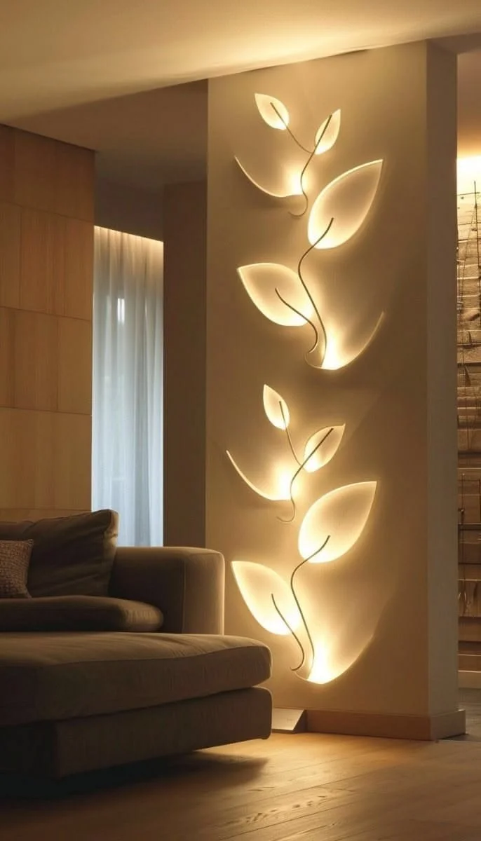 Decorative wall sculpture of illuminated leaves with curved branches in a modern living room.
