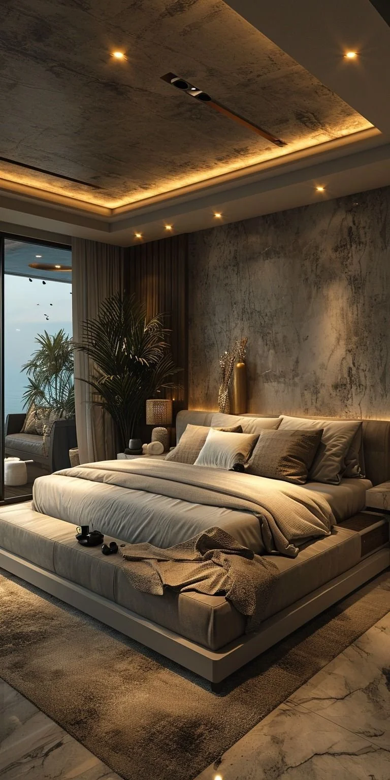 A modern bedroom with a low-profile bed, beige bedding, and multiple pillows. There is a textured accent wall behind the bed with decorative vases, and a large potted plant nearby. The ceiling features recessed lighting and a dark strip with built-in speakers. A sliding glass door shows an outdoor balcony with additional seating and views of the sky.
