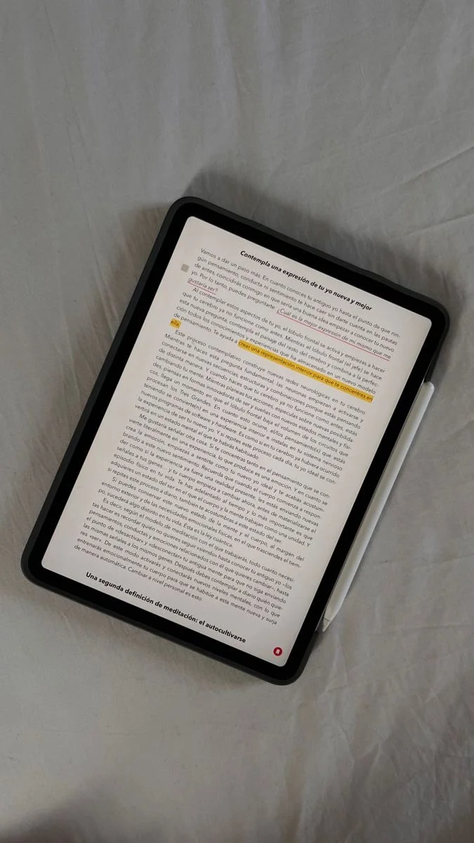 An e-reader or tablet displaying a page of text in Spanish, placed on a light surface with a stylus attached on the right side.