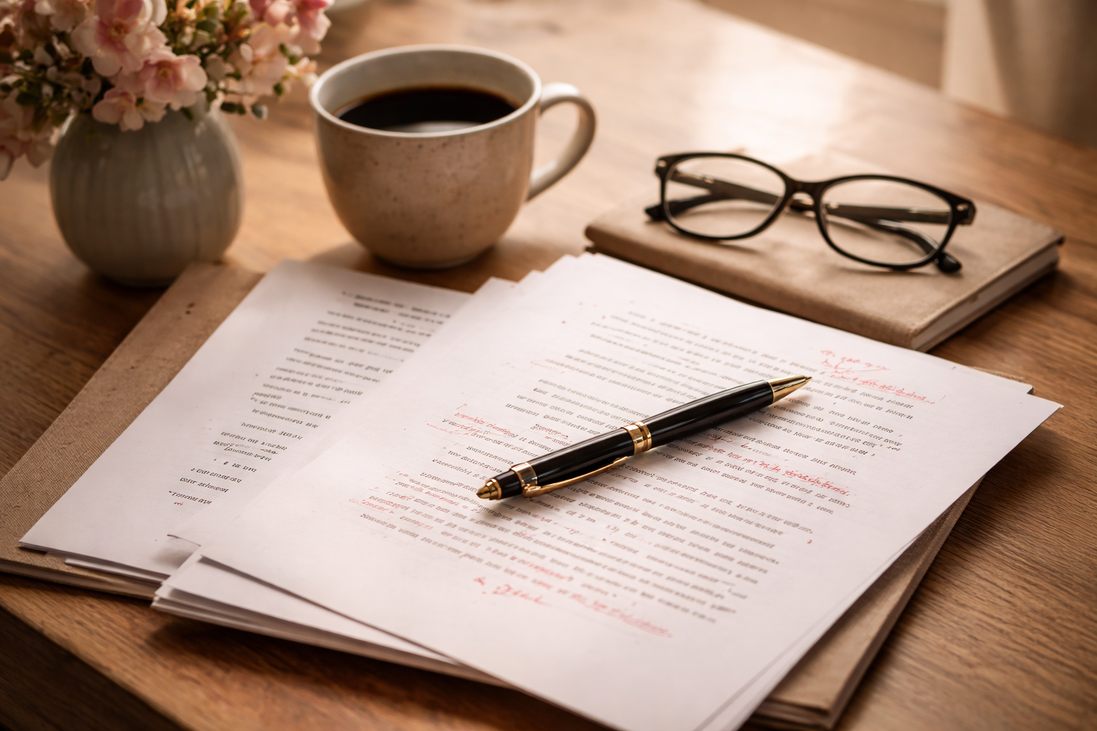 Printed manuscript pages with pen, coffee, and glasses on a desk.