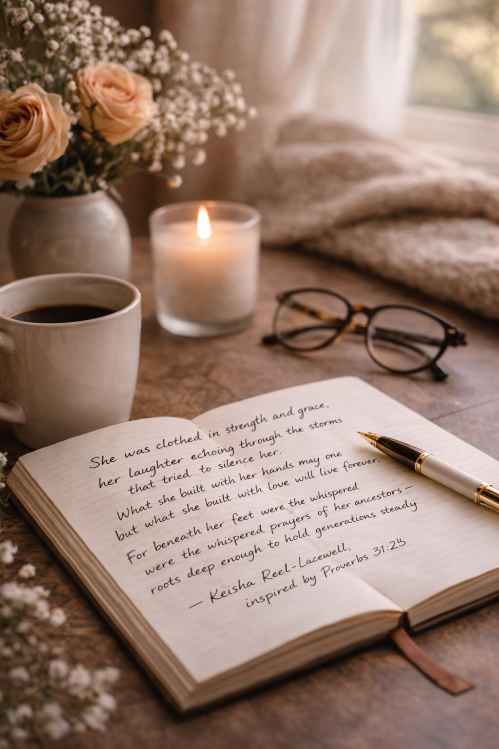 An open journal with handwritten quote, a gold and white pen, a cup of coffee, glasses, a lit candle, and a vase of flowers on a wooden table with soft natural light.