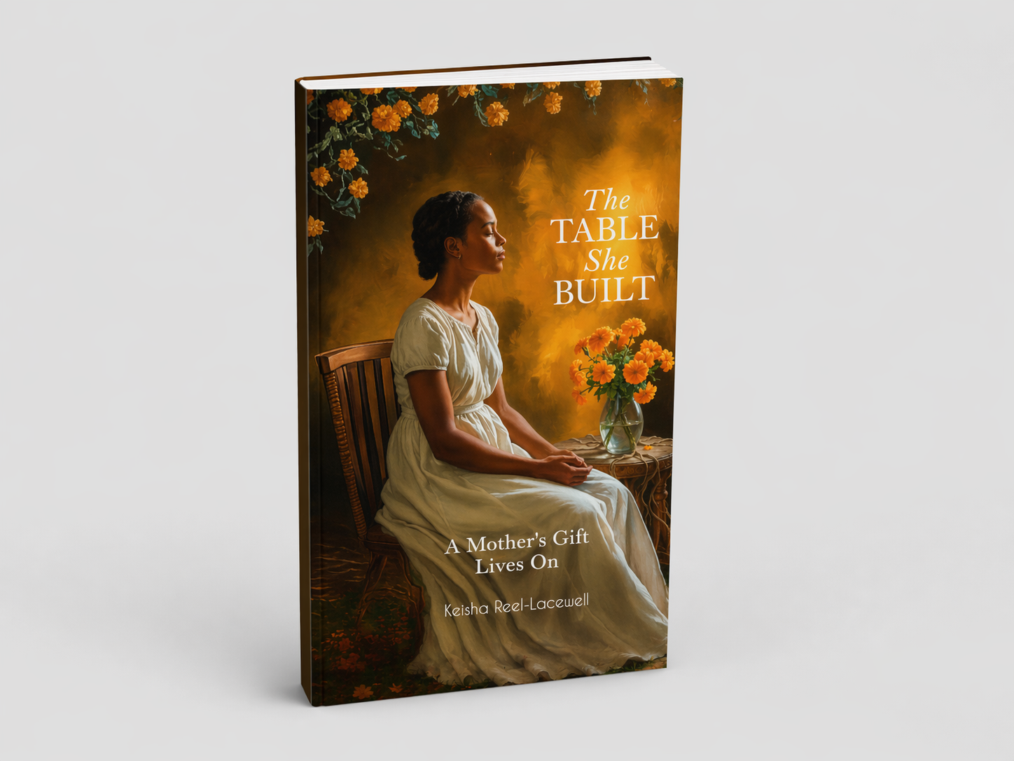 Book cover titled 'The Table She Built: A Mother's Gift Lives On' by Keisha Reel-Lacewell, featuring a woman sitting in profile on a wooden chair, wearing a cream dress, next to a table with a vase of orange flowers, against a warm, glowing background.