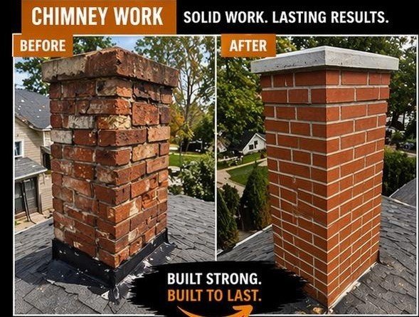 Side-by-side comparison of a brick chimney before and after reconstruction, showing an old, weathered chimney on the left and a new, neatly built chimney on the right, on a rooftop with trees and houses in the background.