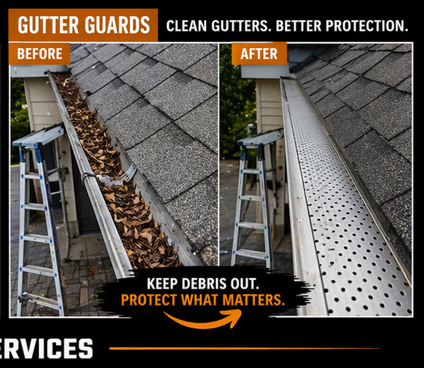 Comparison of gutter guards on a house: the "before" side shows leaves and debris clogging the gutter, while the "after" side shows a clean, debris-free gutter with a protective guard installed.
