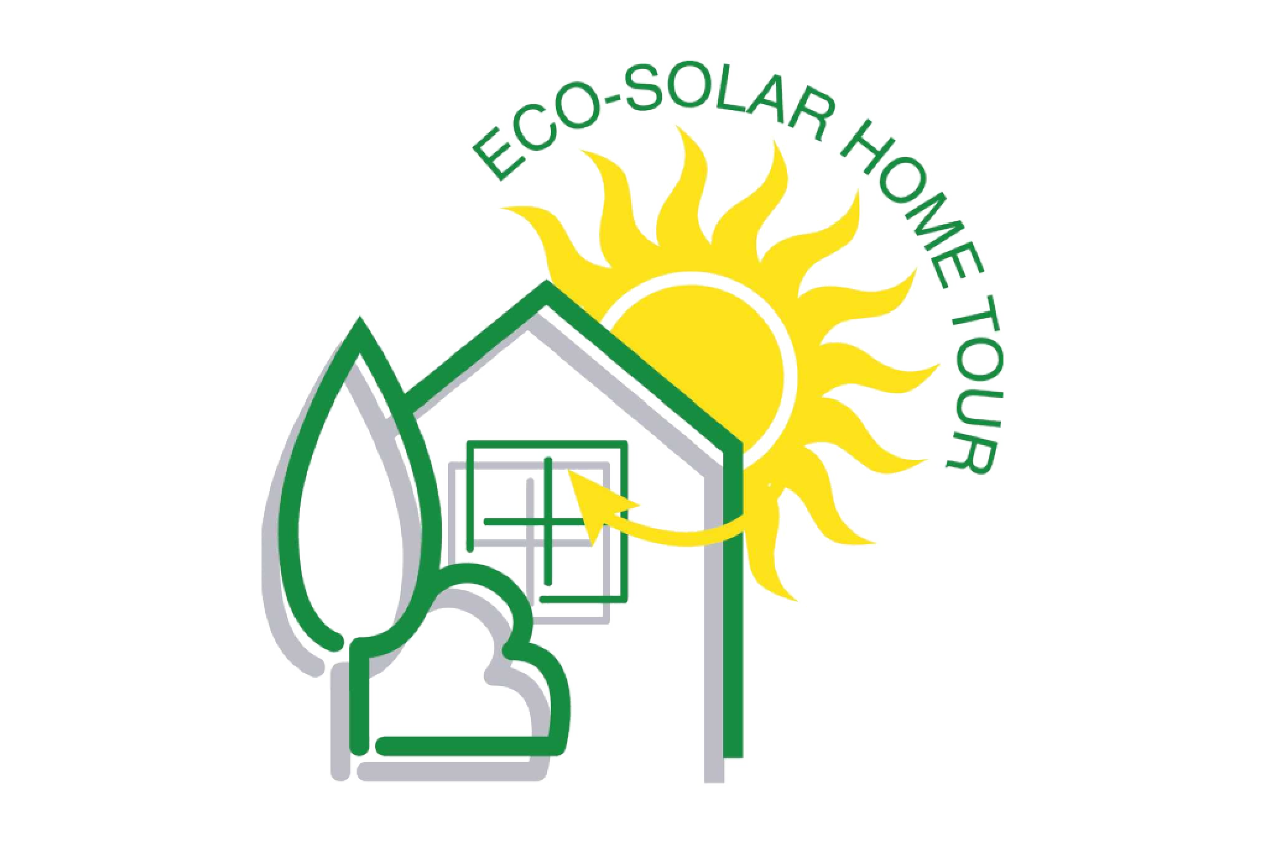 Logo featuring a green outline of a house with a solar panel roof, a yellow sun with rays, and the text 'ECO-SOLAR HOME TOUR' curved around the sun.