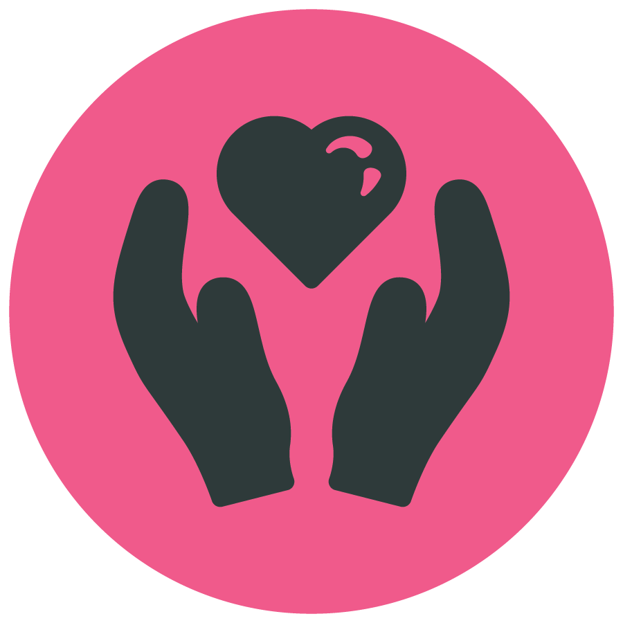 Two hands holding a heart on a pink circular background.