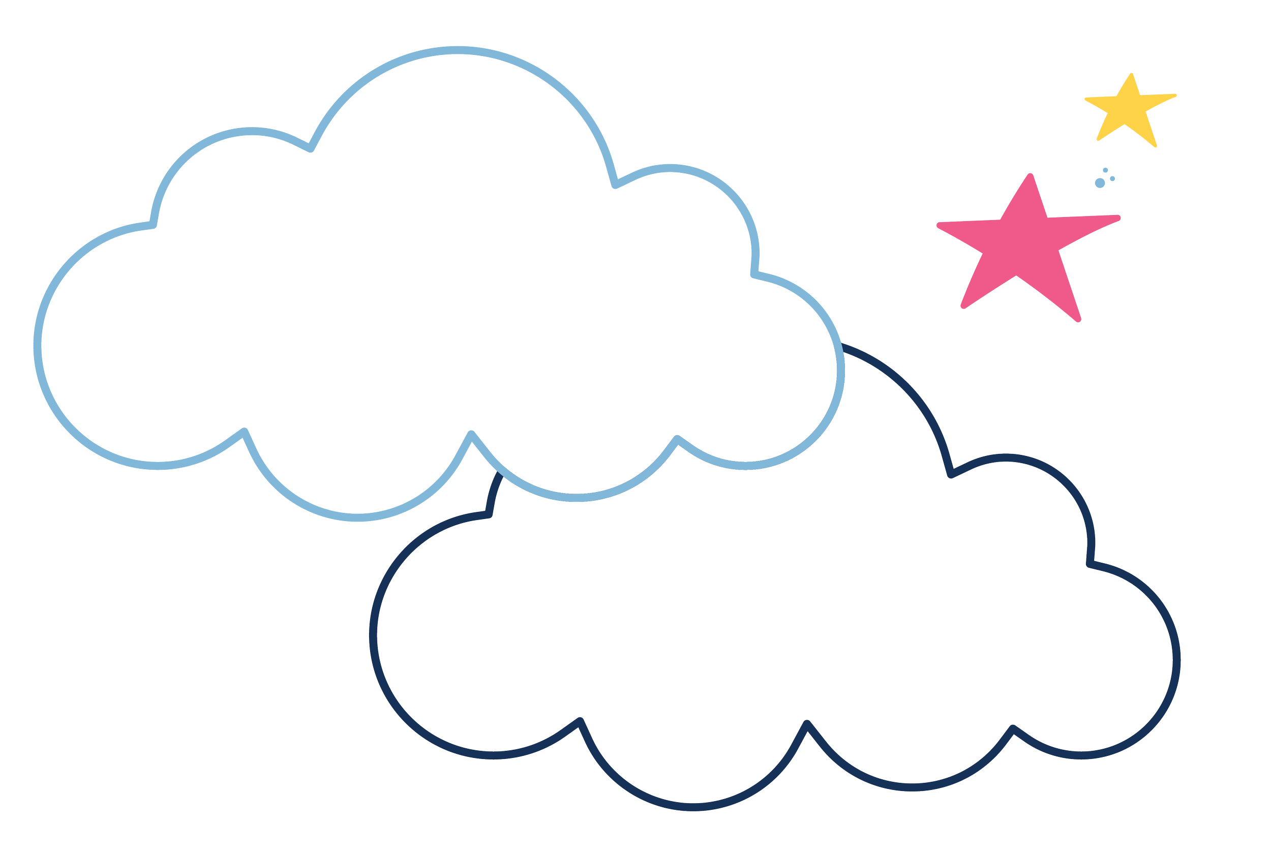 Colourful cloud shapes with star icons and a pink rectangle. The bubbles are outlined in blue, pink, and navy, with the largest bubble being white with a blue outline.