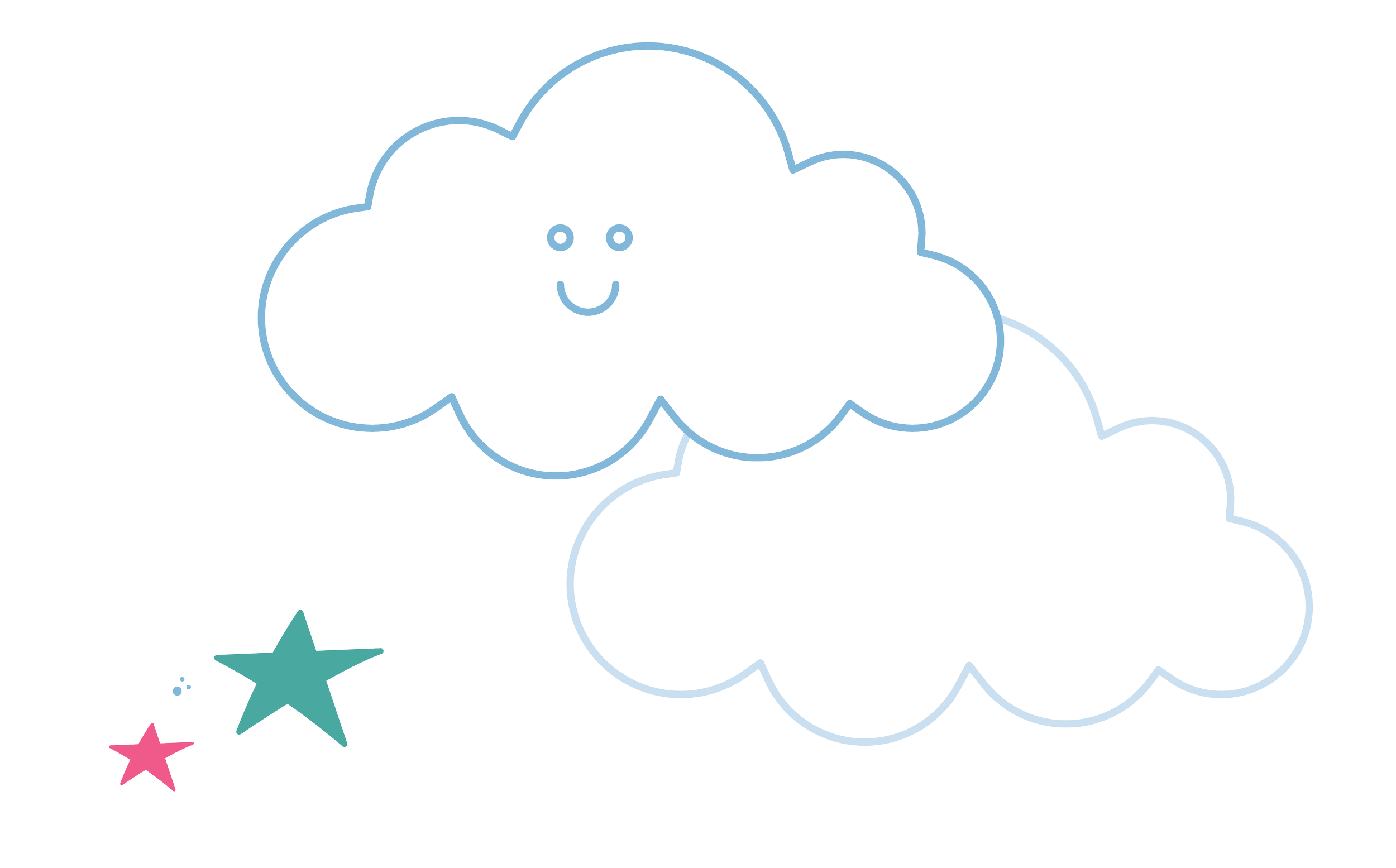 A character cloud with a smiling face, surrounded by colorful stars and hearts, on a white background.