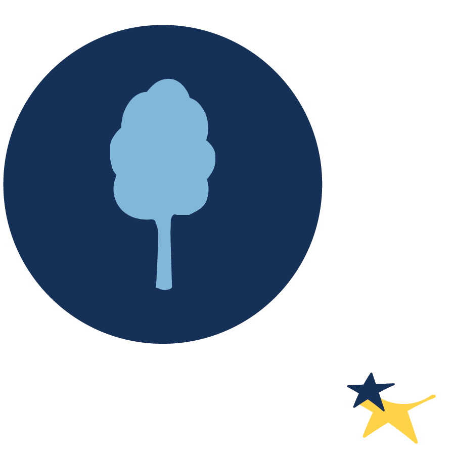 A logo with a blue tree inside a larger navy blue circle and two stars at the bottom right, one dark blue and one gold.