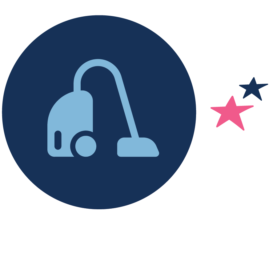 Icon of a vacuum cleaner inside a dark blue circle, with decorative pink and navy stars on a white cloud