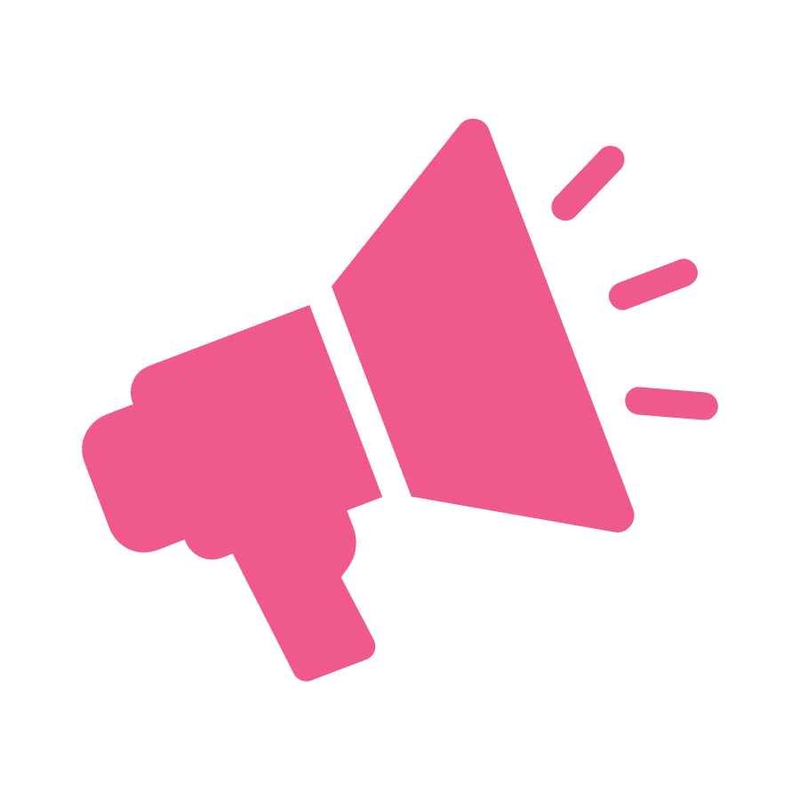 Pink megaphone icon with sound lines on a black background.