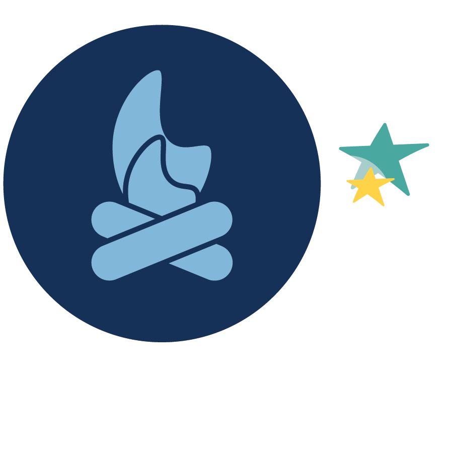 Illustration of a campfire inside a blue circle with a cloud and stars to the right.