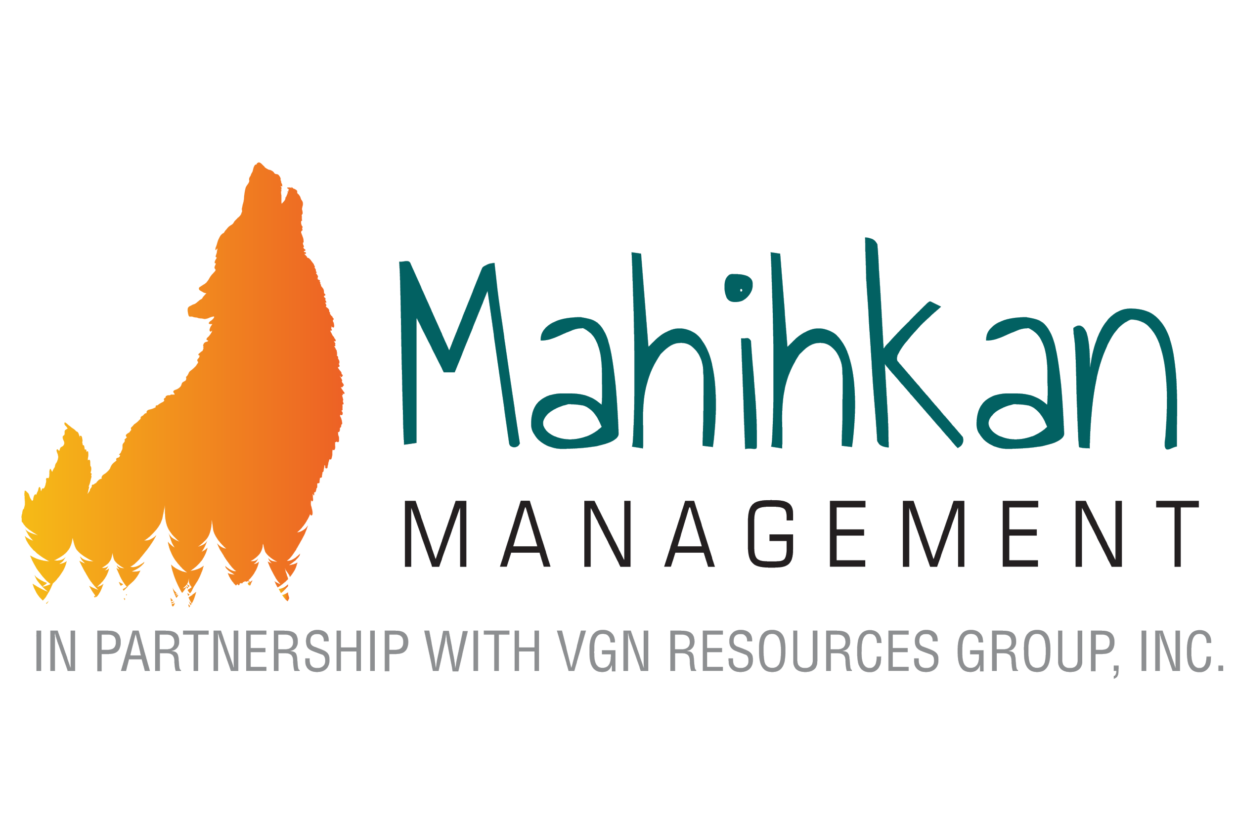 A logo featuring an orange gradient and silhouette of a wolf howling, with the words Mahihkan Management in teal and black text.