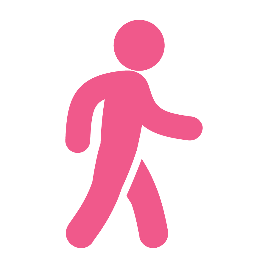 Pink walking figure icon on white background.
