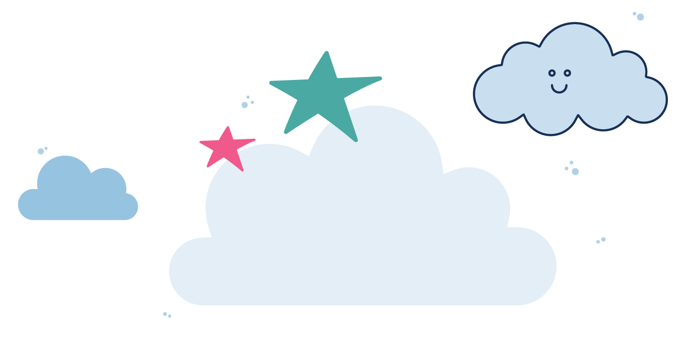 A cartoon illustration of a blue cloud with a smiling face, surrounded by smaller clouds and colorful stars, all with friendly expressions.