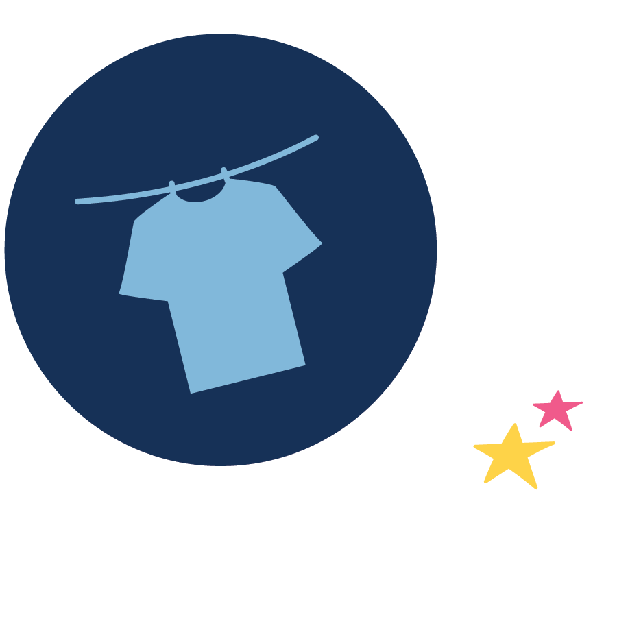 A digital illustration of a t-shirt hanging on a clothesline, set against a dark blue circular background, with a white cloud and two stars, one pink and one yellow, beside it.