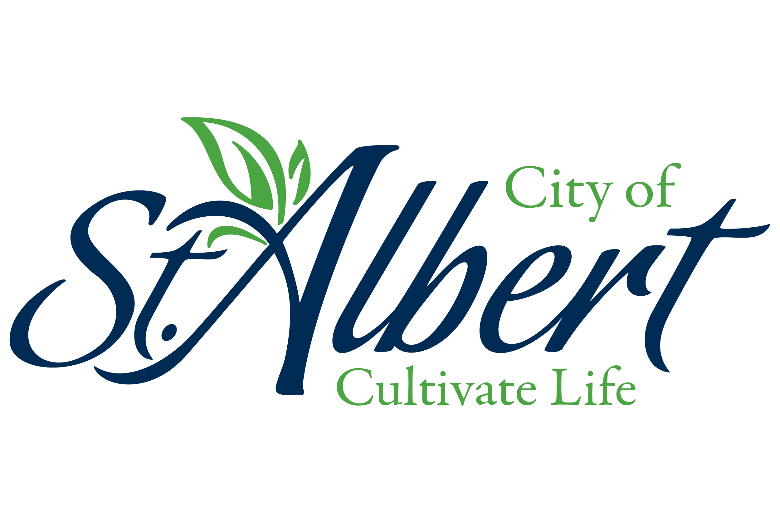 Logo for the City of St.Albert featuring stylized green leaves and blue cursive text that reads 'Sioux City of Cultivate Life'.