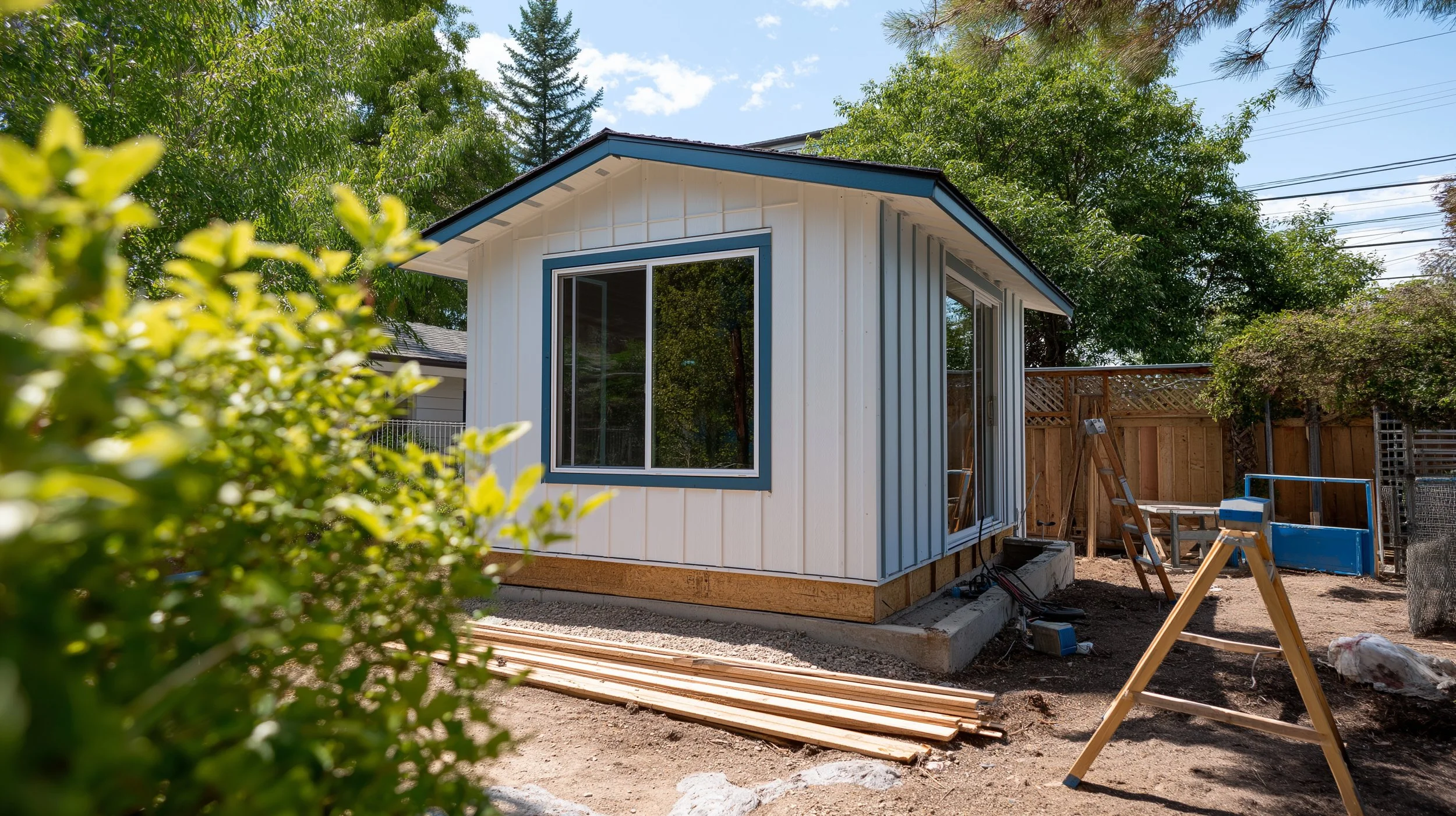 A small house under construction with blue and white siding, large windows, and a wooden ladder outside. There are trees in the background and construction materials and tools around the site.