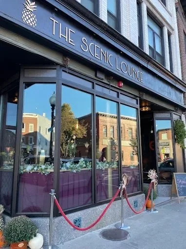 Front of The Scenic Lounge with glass windows and a purple interior curtain, decorated with plants and a chalkboard sign outside.