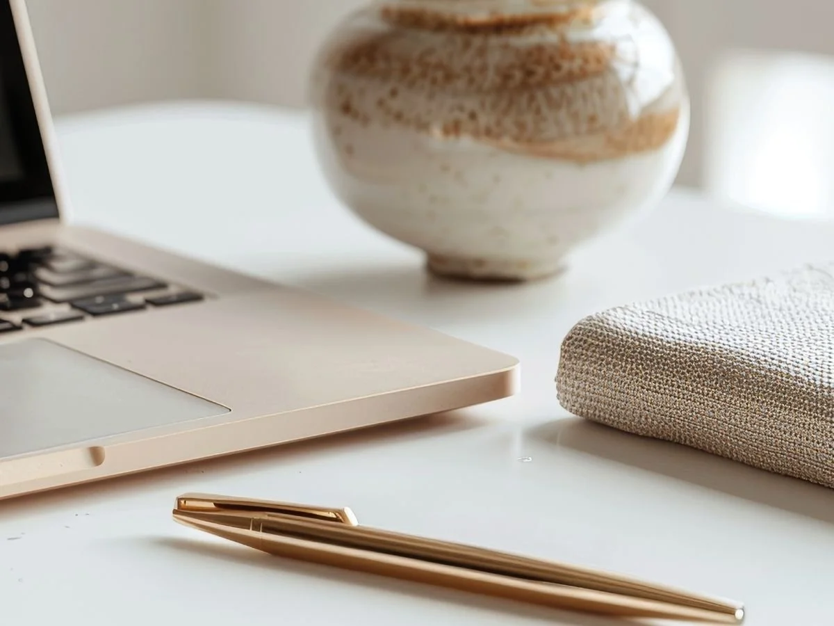 Close-up of a desk with a laptop, a gold pen, a folded cloth, a ceramic vase, and a notebook.