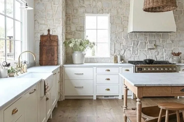 A bright kitchen with white cabinets, a stone wall, a window, and a kitchen island with a wooden top.