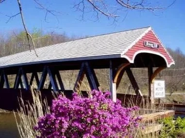 A covered bridge with a gray roof and red accents, surrounded by purple flowering bushes and trees under a clear blue sky.