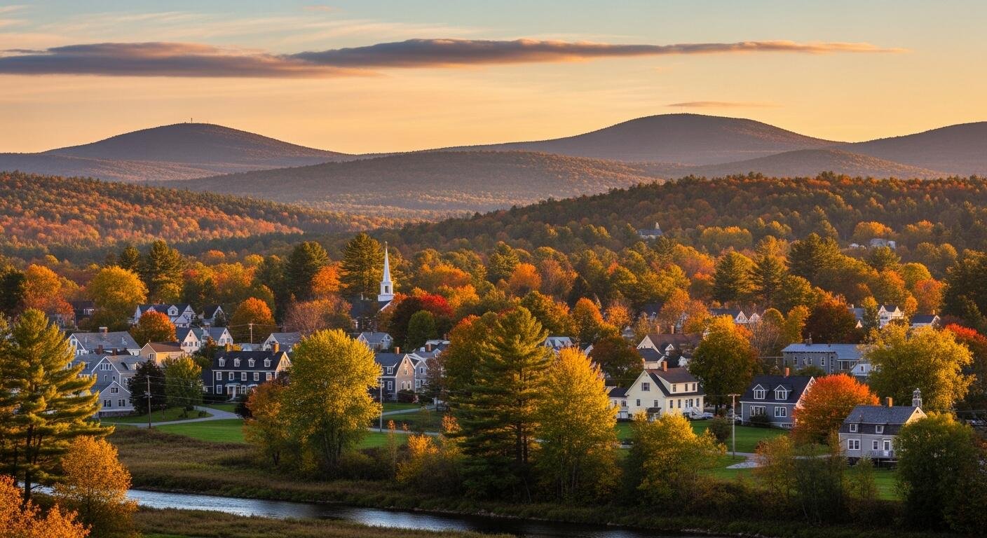 A picturesque view of a small town surrounded by colorful autumn trees, with mountains in the background and a river in the foreground during sunset.