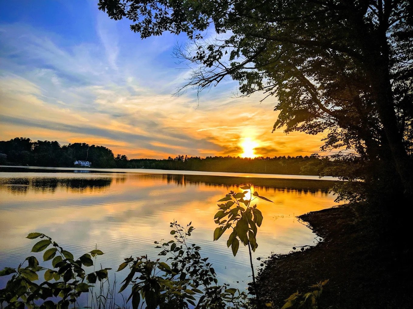 Sunset over a calm lake with trees on the shoreline, orange and blue sky reflected in the water.