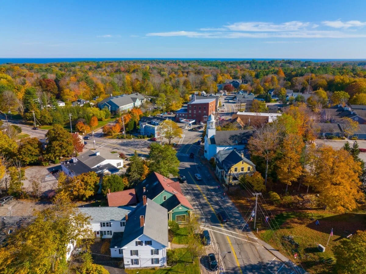 Aerial view of a small town in autumn with colorful trees, streets, and buildings including houses, churches, and shops, with a forest and ocean in the background.